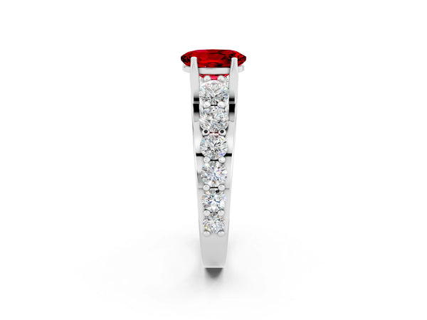 Platinum Oval Cut Ruby Engagement Ring with Pavé Band and Four-Prong Setting