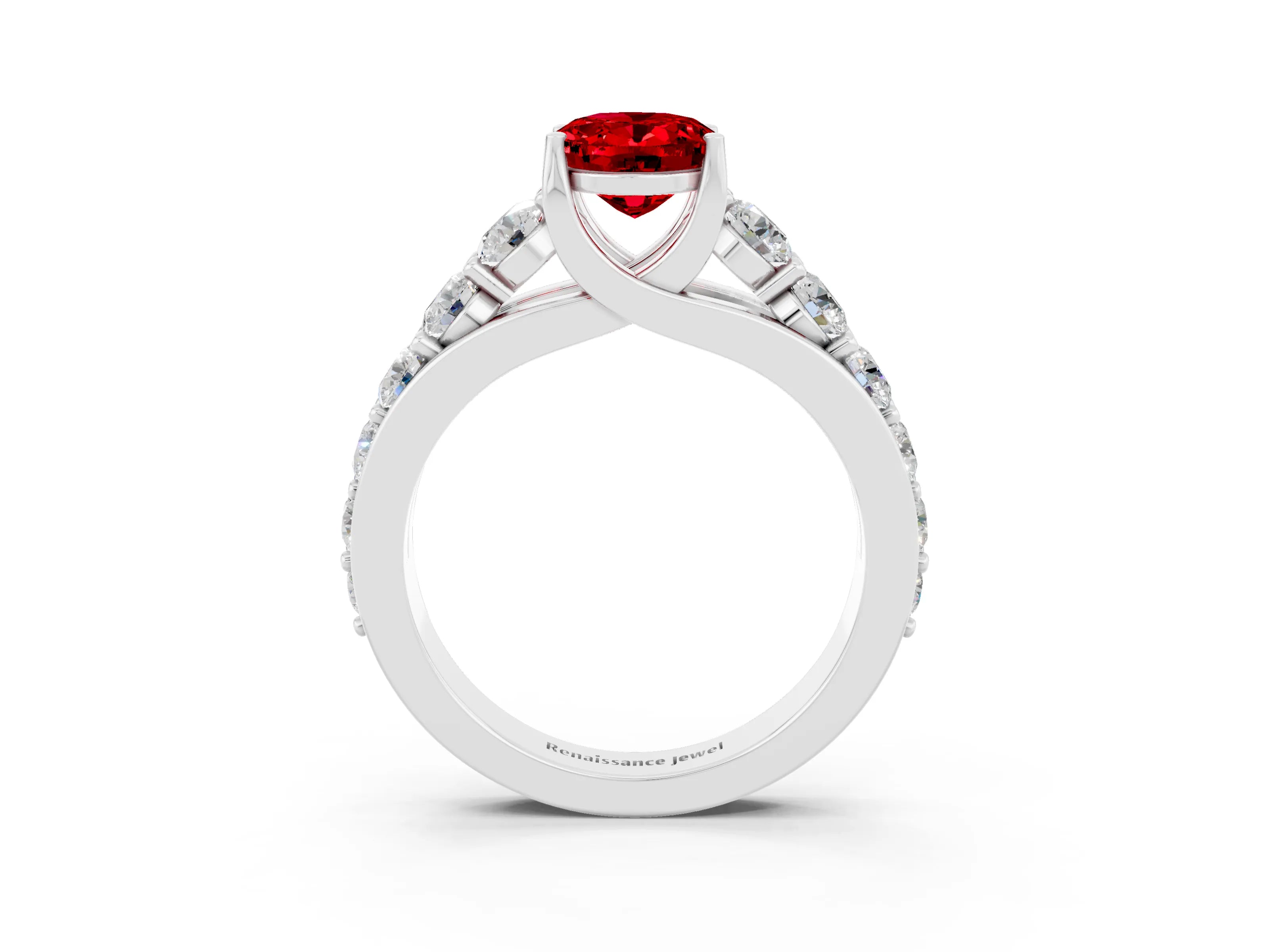 White gold Oval Cut Ruby Engagement Ring with Pavé Band and Four-Prong Setting_3