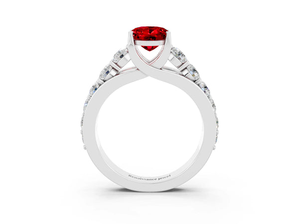White gold Oval Cut Ruby Engagement Ring with Pavé Band and Four-Prong Setting