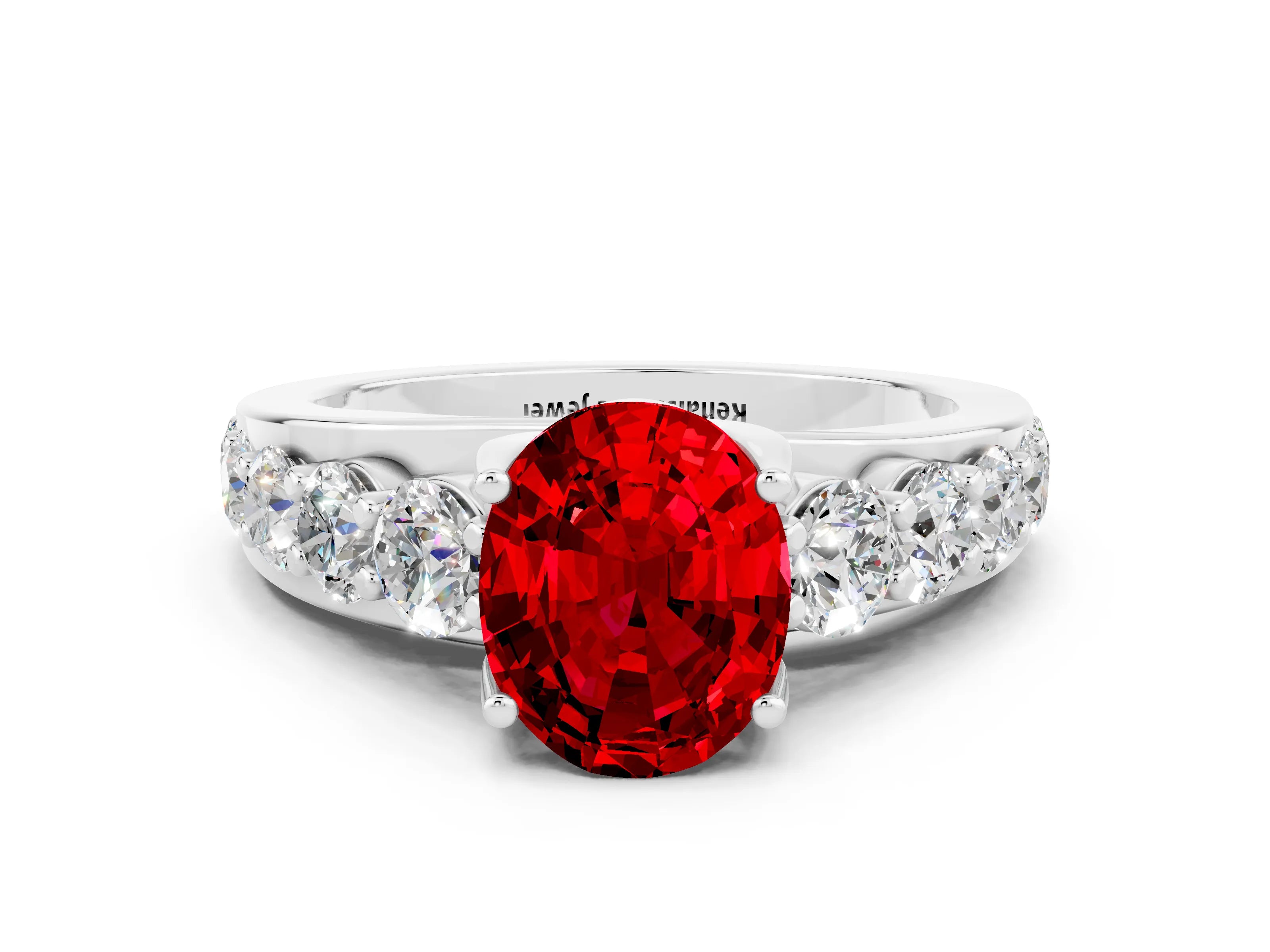 White gold Oval Cut Ruby Engagement Ring with Pavé Band and Four-Prong Setting