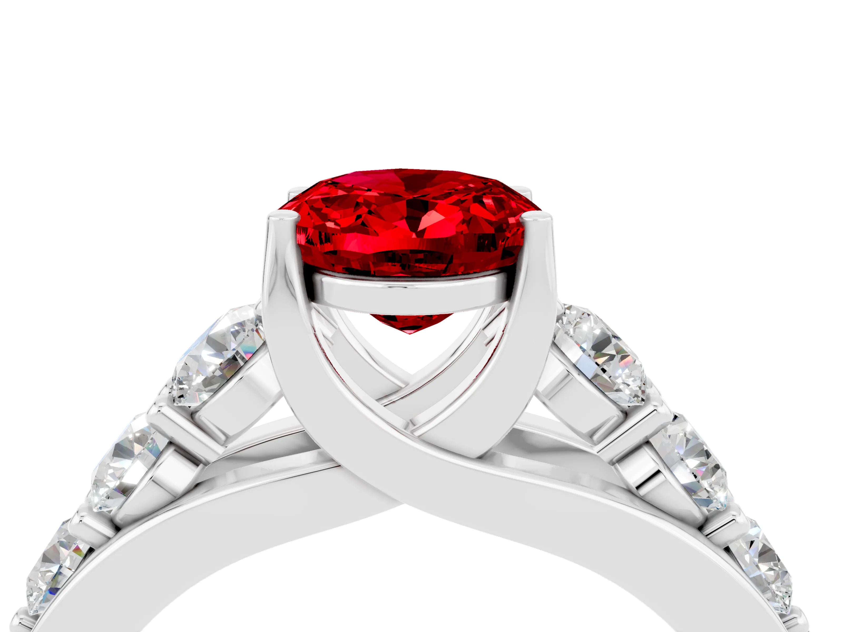 White gold Oval Cut Ruby Engagement Ring with Pavé Band and Four-Prong Setting_4