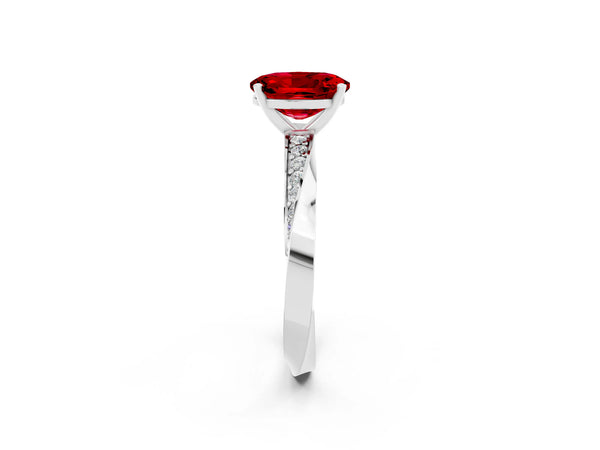 Platinum Oval Cut Ruby Engagement Ring with Side Stone Accents and Four-Prong Setting