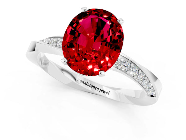 White gold Oval Cut Ruby Engagement Ring with Side Stone Accents and Four-Prong Setting