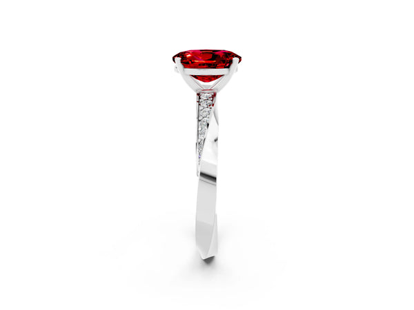 White gold Oval Cut Ruby Engagement Ring with Side Stone Accents and Four-Prong Setting