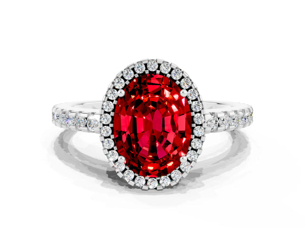 Silver Oval Cut Ruby Halo Engagement Ring with Pavé Band and Prong Setting