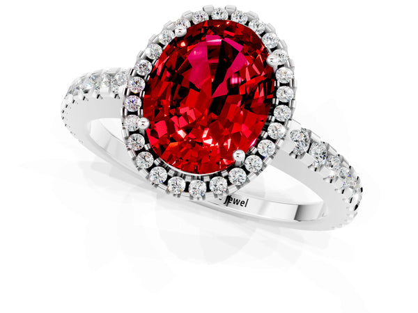 Platinum Oval Cut Ruby Halo Engagement Ring with Pavé Band and Prong Setting
