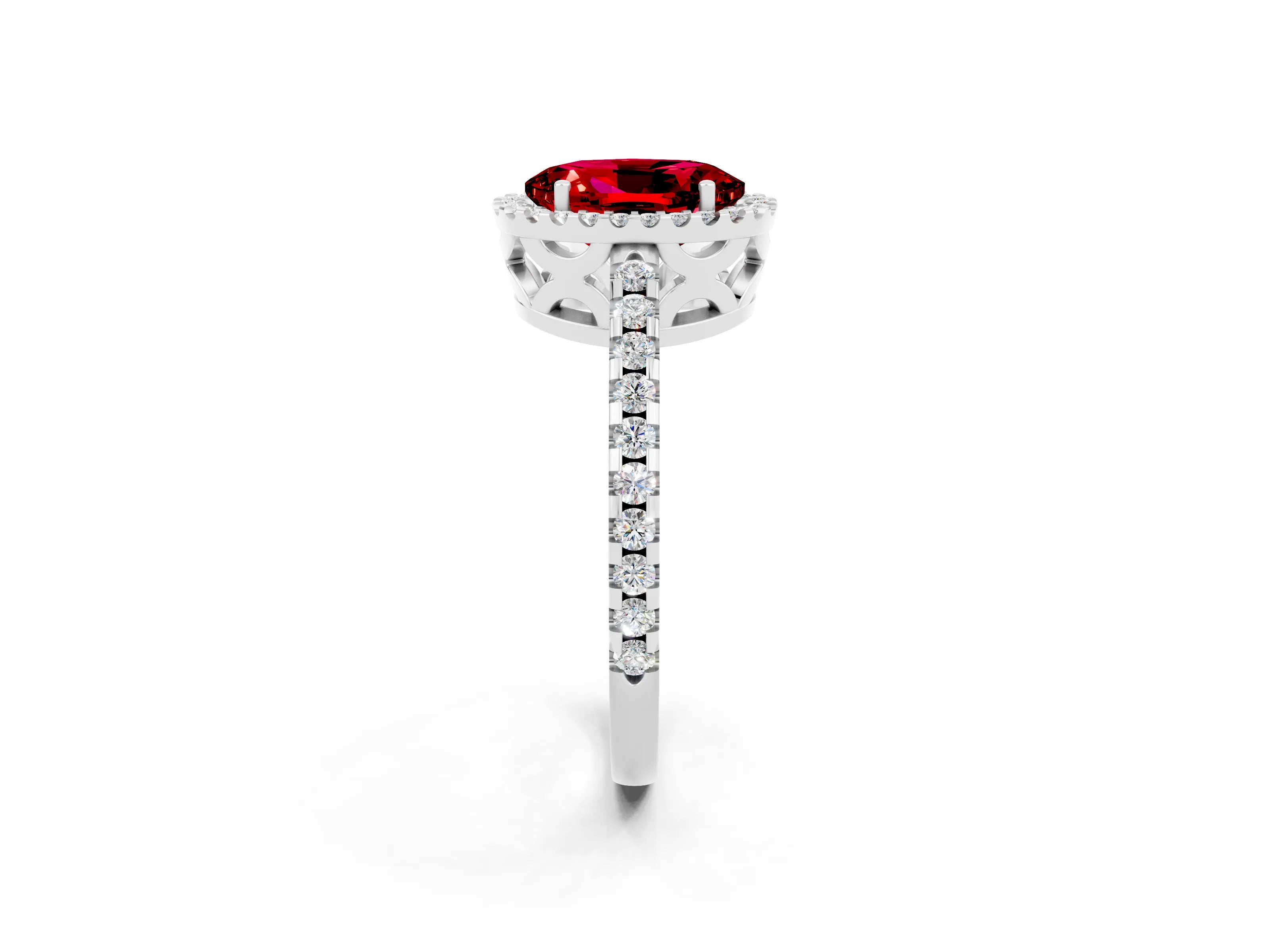 White gold Oval Cut Ruby Halo Engagement Ring with Pavé Band and Prong Setting_14