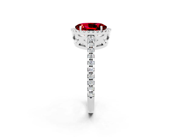 White gold Oval Cut Ruby Halo Engagement Ring with Pavé Band and Prong Setting