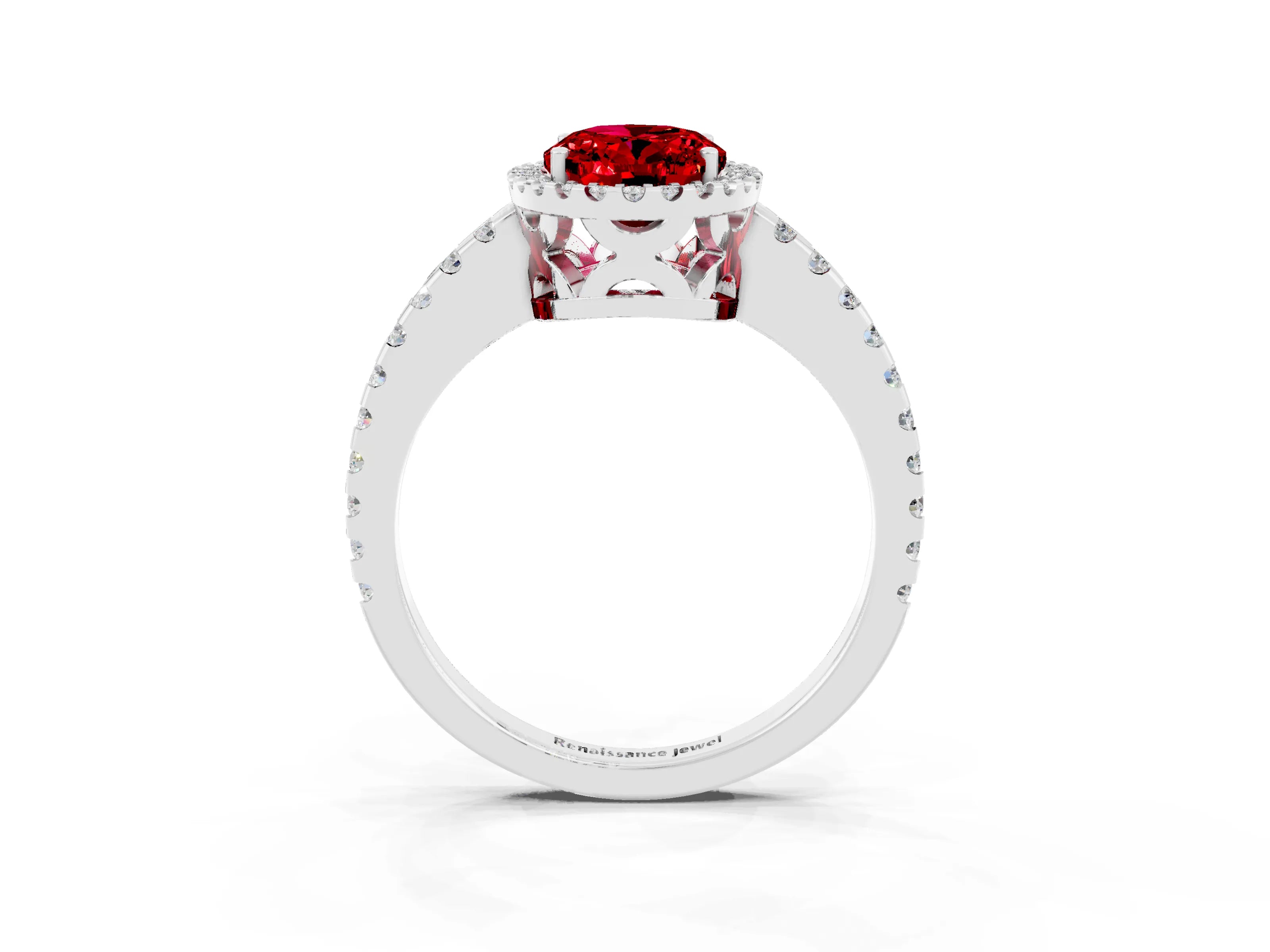 White gold Oval Cut Ruby Halo Engagement Ring with Pavé Band and Prong Setting_15