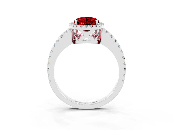 Silver Oval Cut Ruby Halo Engagement Ring with Pavé Band and Prong Setting