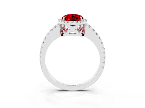 White gold Oval Cut Ruby Halo Engagement Ring with Pavé Band and Prong Setting_15