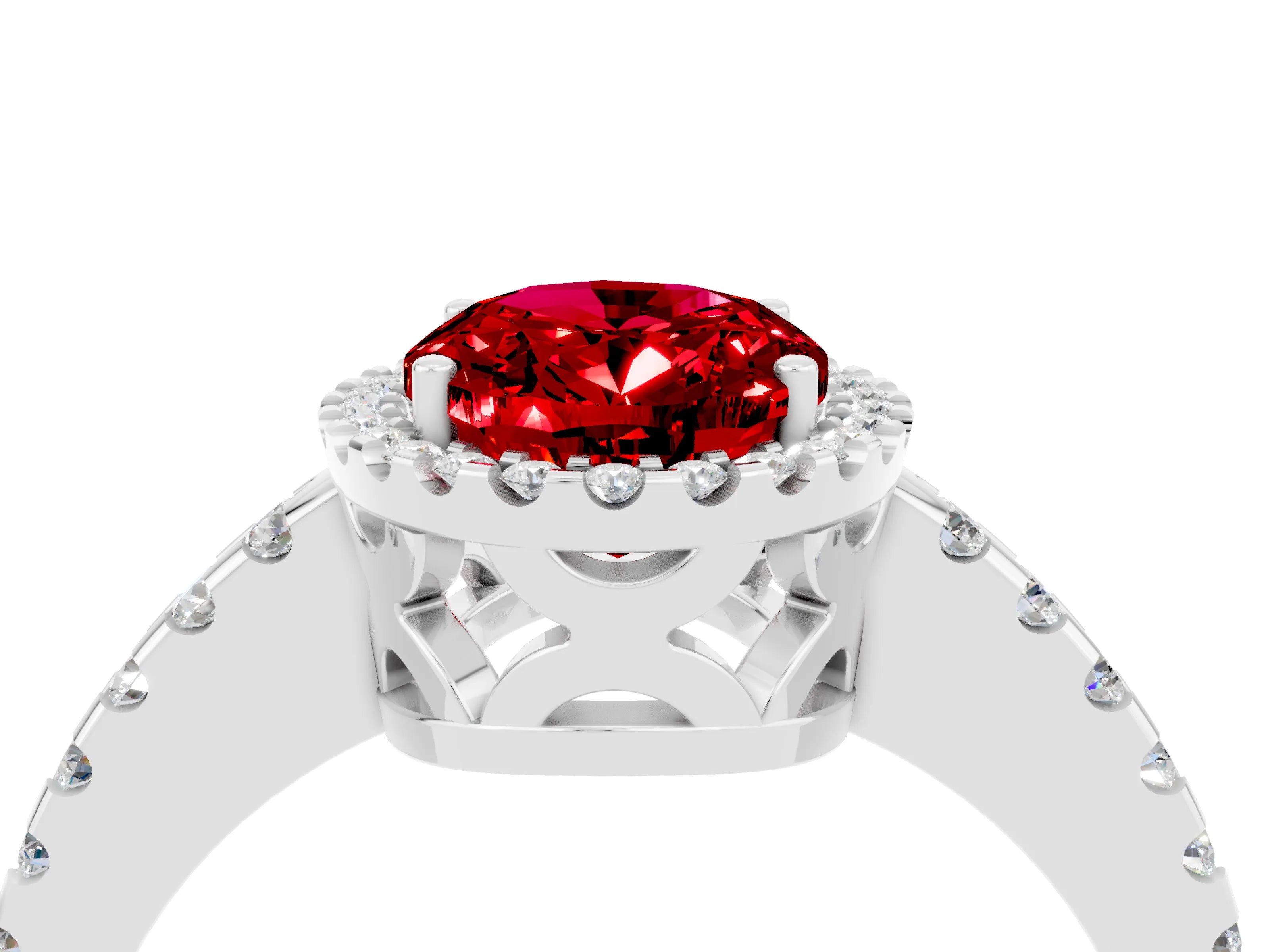 White gold Oval Cut Ruby Halo Engagement Ring with Pavé Band and Prong Setting_16