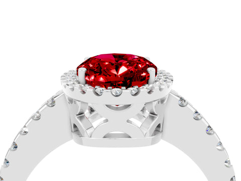 White gold Oval Cut Ruby Halo Engagement Ring with Pavé Band and Prong Setting_16
