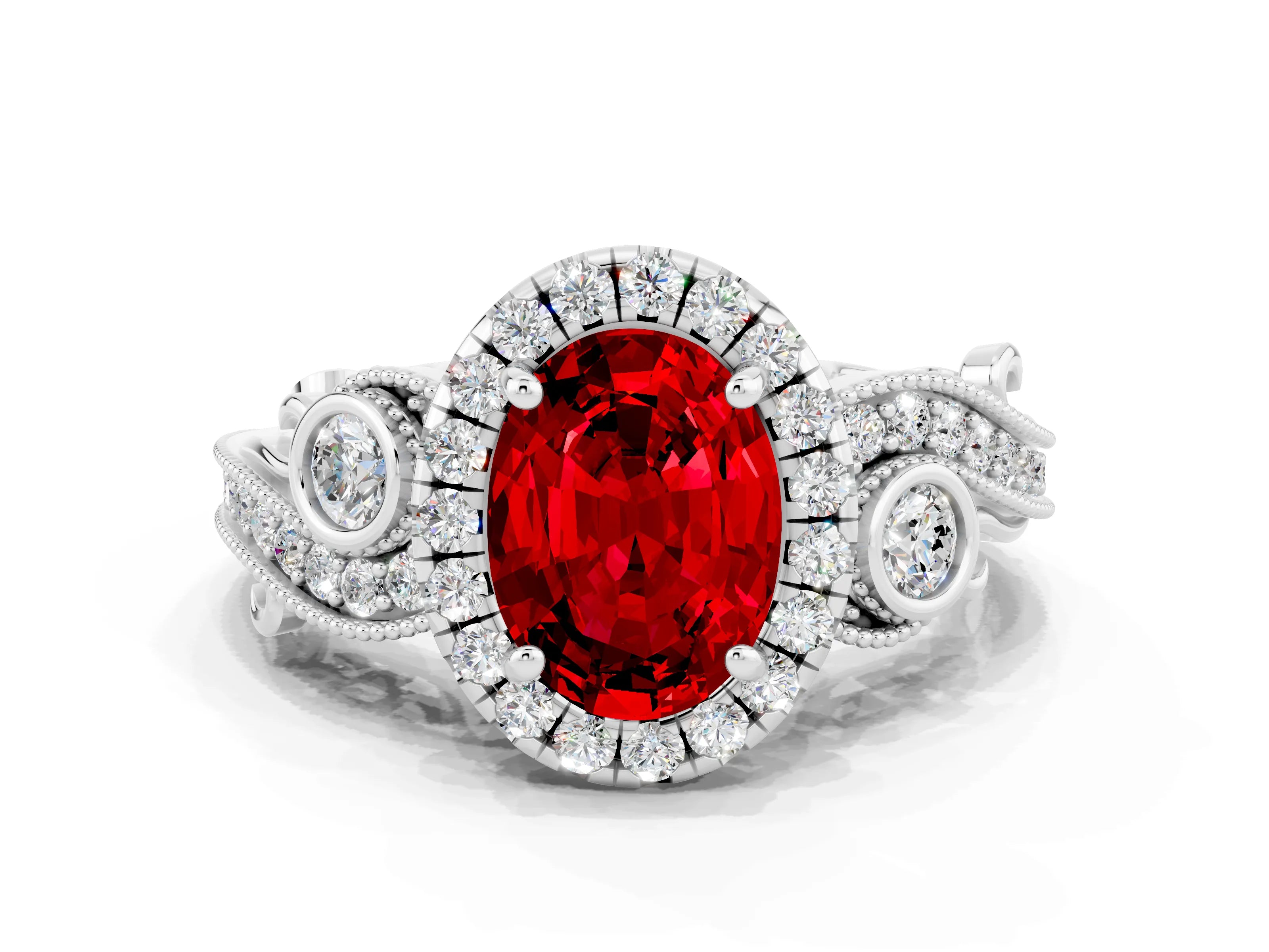 White gold Oval Cut Ruby Halo Ring with Milgrain Pavé Band and Four-Prong Setting_30