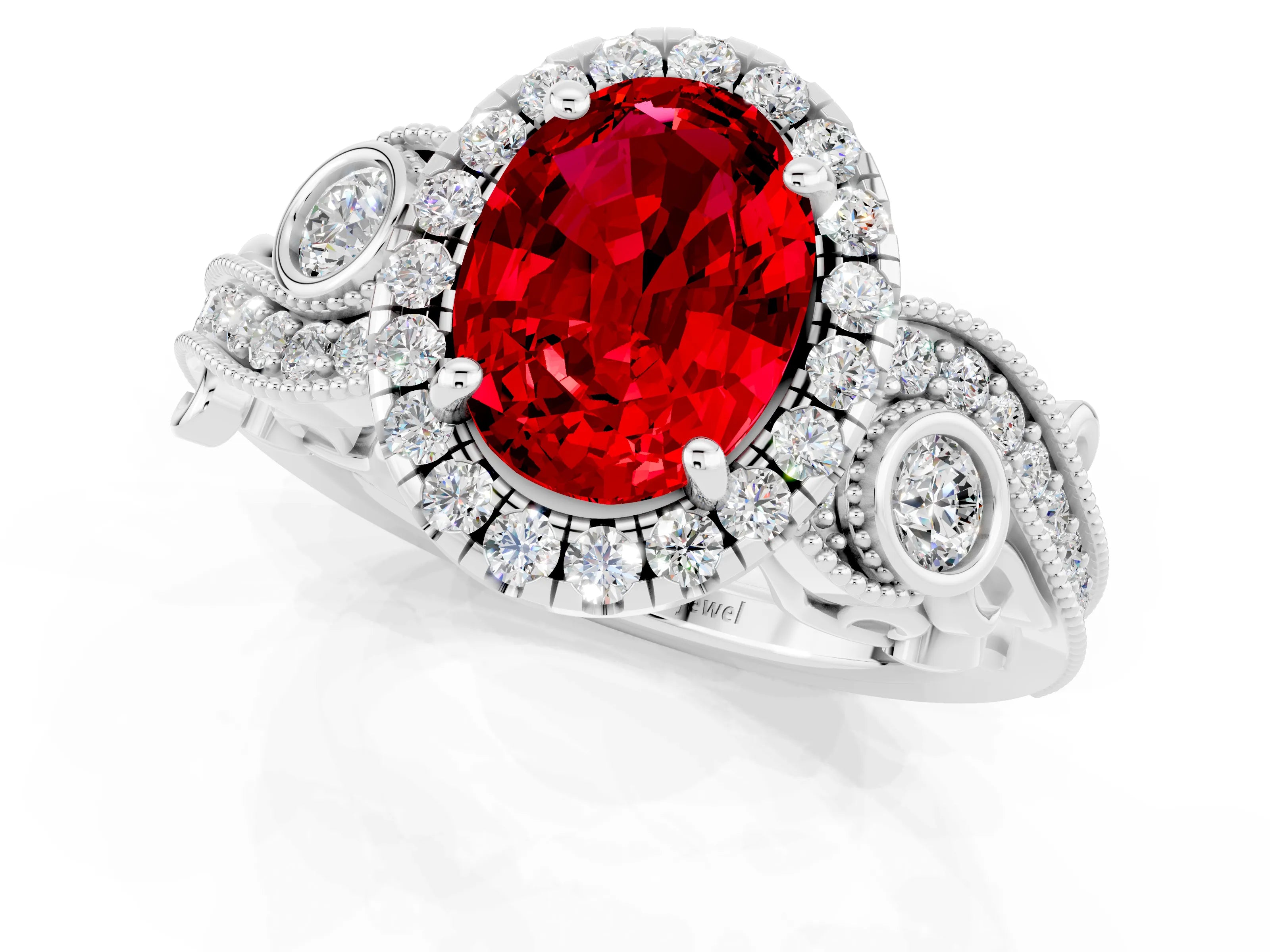 White gold Oval Cut Ruby Halo Ring with Milgrain Pavé Band and Four-Prong Setting_31