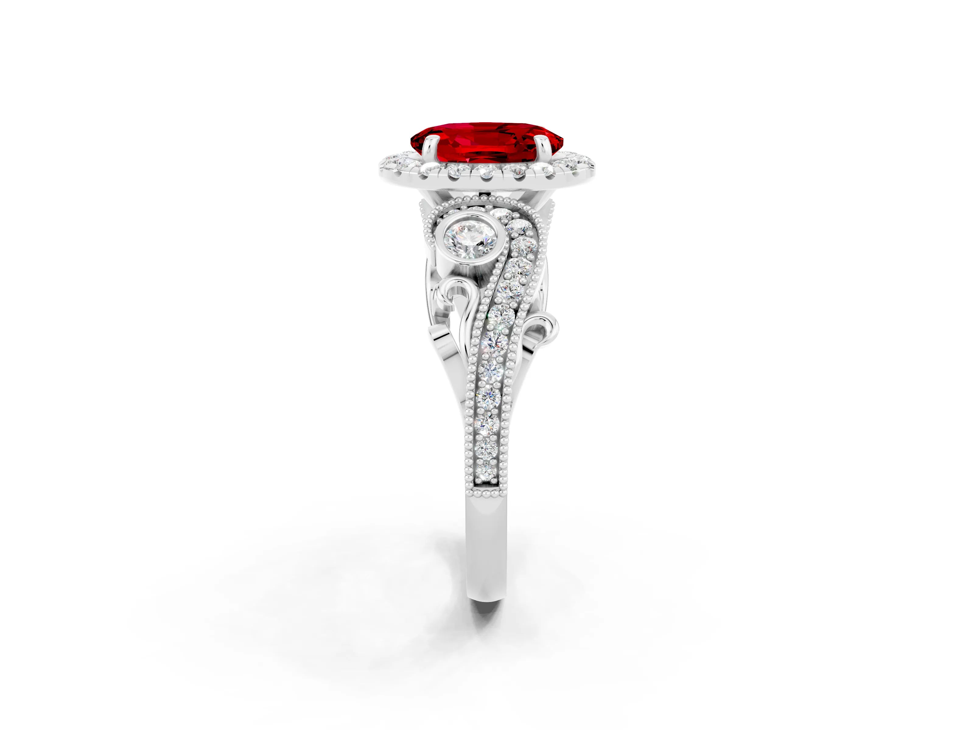 White gold Oval Cut Ruby Halo Ring with Milgrain Pavé Band and Four-Prong Setting_32