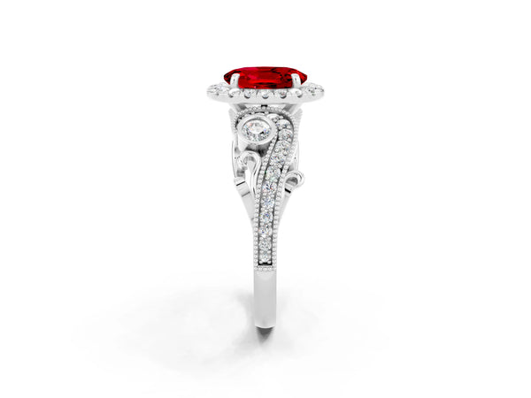 White gold Oval Cut Ruby Halo Ring with Milgrain Pavé Band and Four-Prong Setting