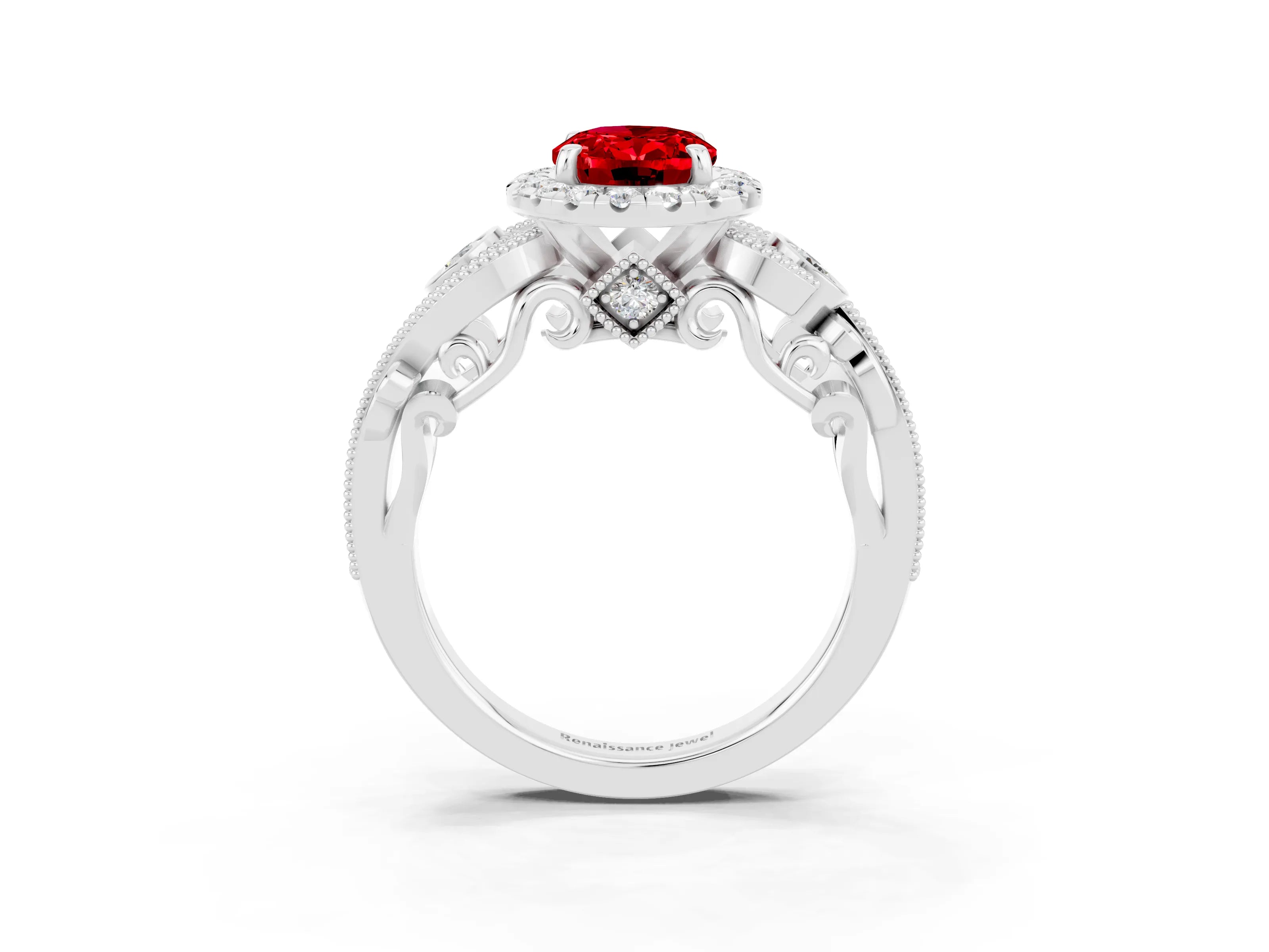 White gold Oval Cut Ruby Halo Ring with Milgrain Pavé Band and Four-Prong Setting_33