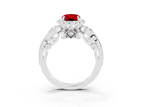 White gold Oval Cut Ruby Halo Ring with Milgrain Pavé Band and Four-Prong Setting_33