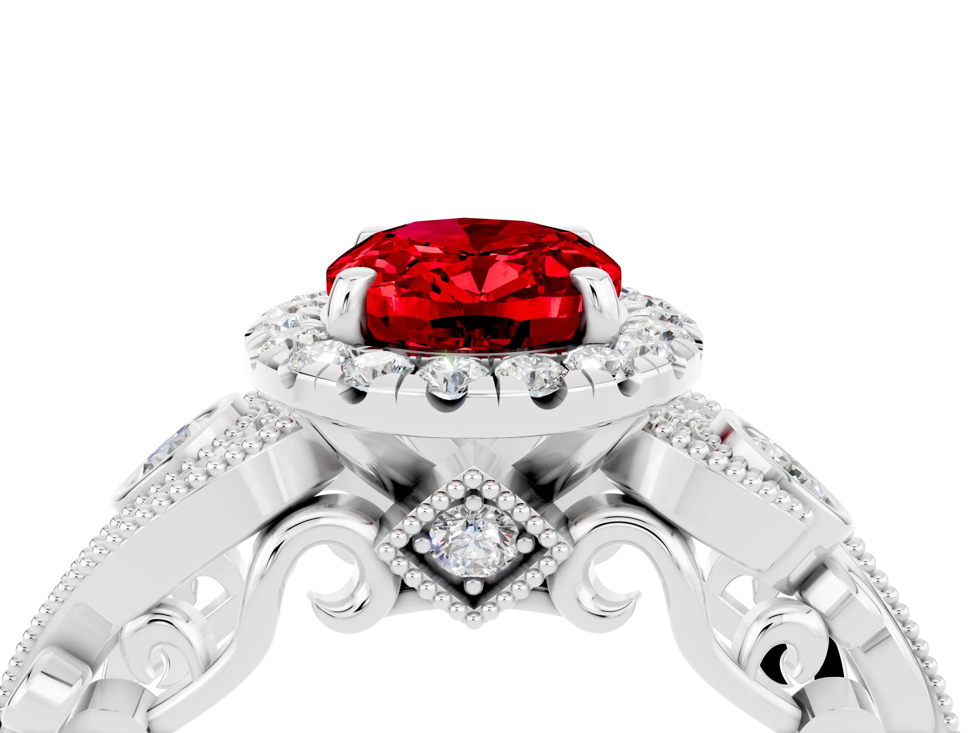 White gold Oval Cut Ruby Halo Ring with Milgrain Pavé Band and Four-Prong Setting_34