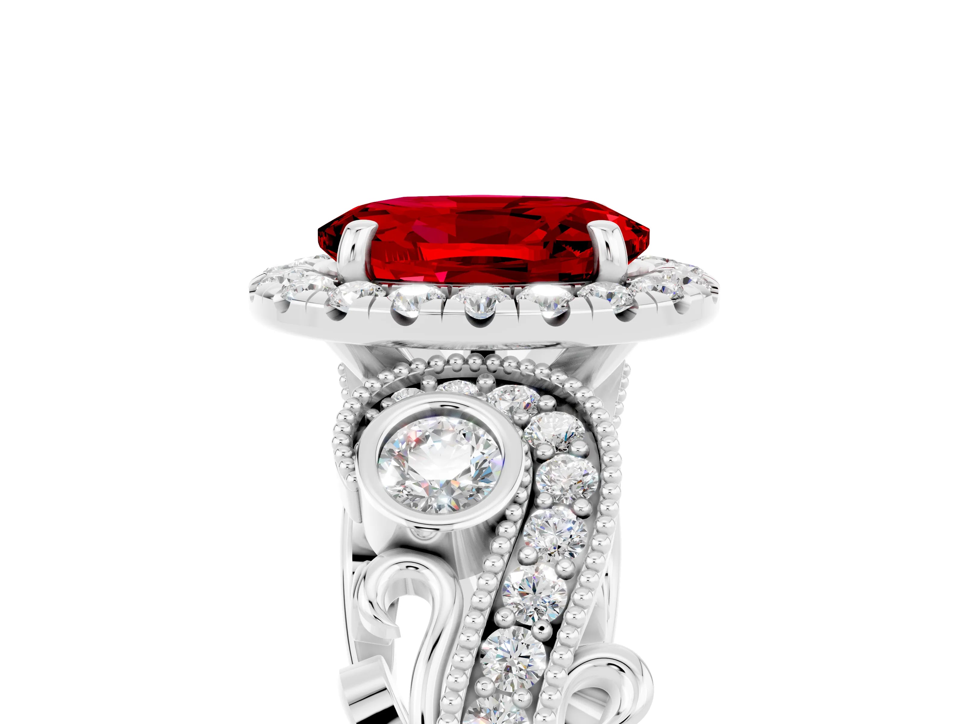 White gold Oval Cut Ruby Halo Ring with Milgrain Pavé Band and Four-Prong Setting_35