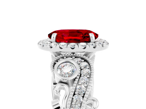 White gold Oval Cut Ruby Halo Ring with Milgrain Pavé Band and Four-Prong Setting_35