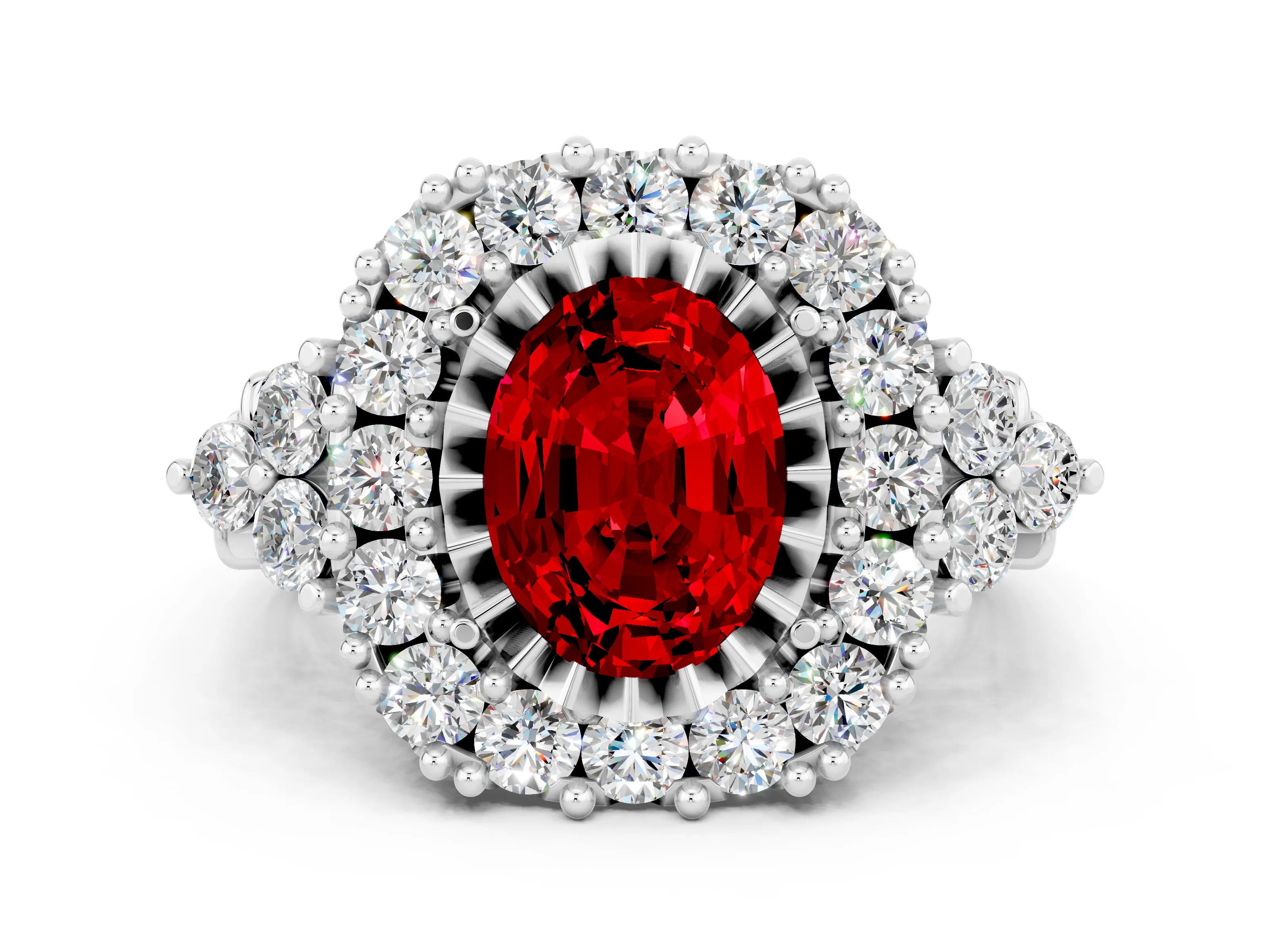 White gold Oval Cut Ruby Halo Ring with Pavé Band and Four-Prong Setting_12