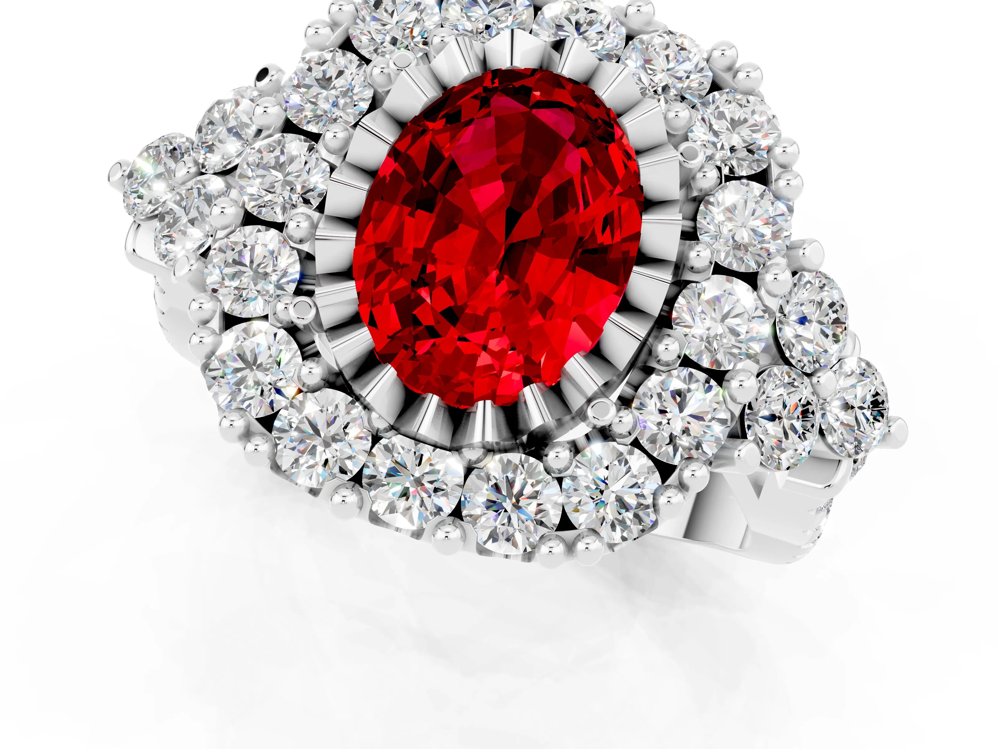 White gold Oval Cut Ruby Halo Ring with Pavé Band and Four-Prong Setting_13