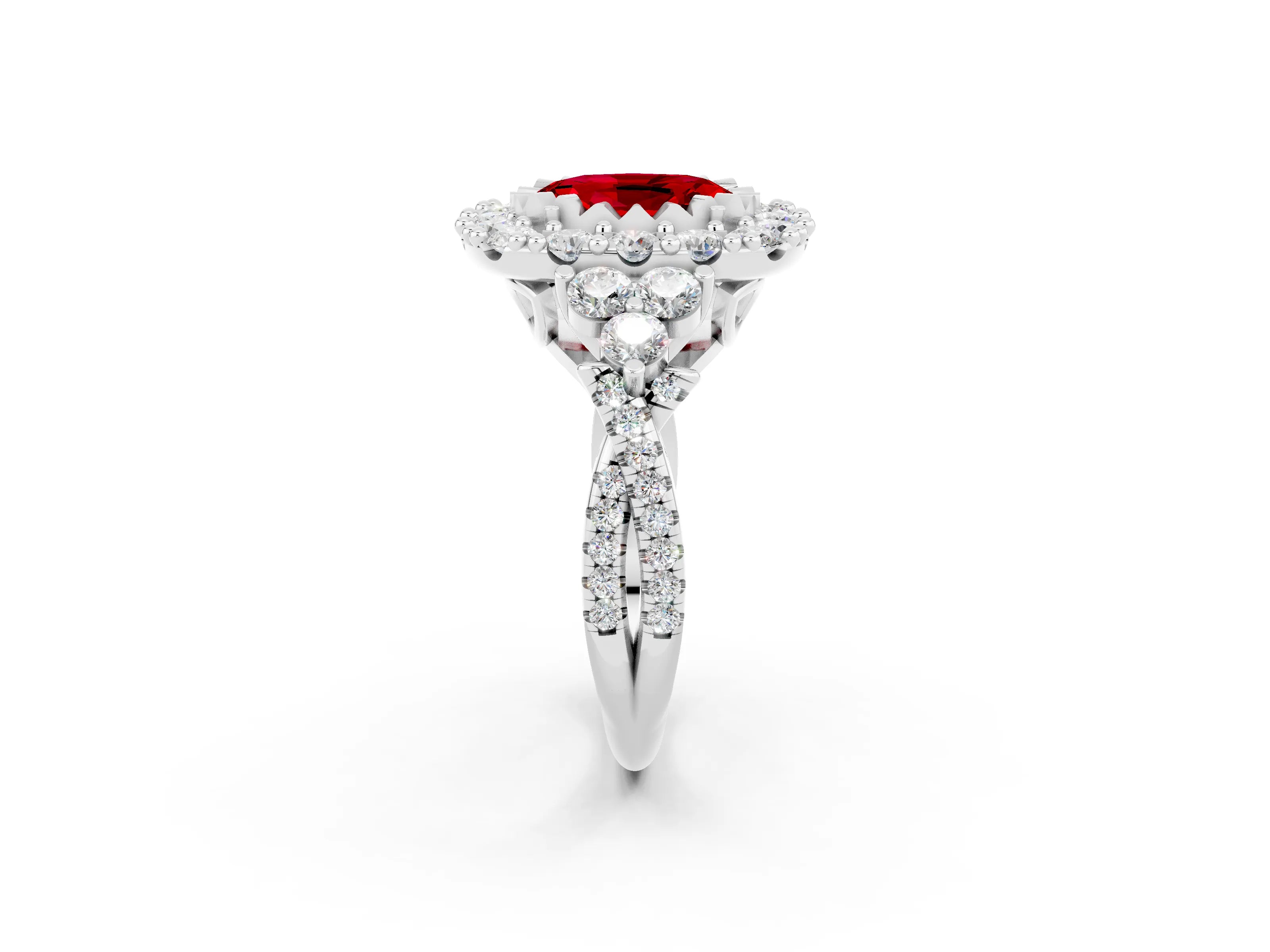 White gold Oval Cut Ruby Halo Ring with Pavé Band and Four-Prong Setting_14
