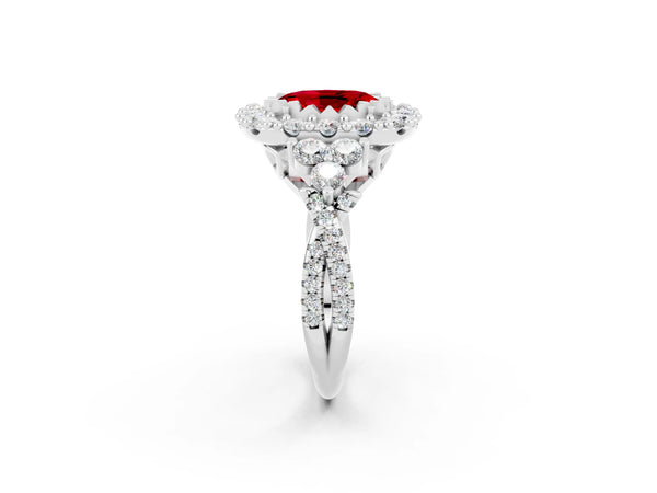Platinum Oval Cut Ruby Halo Ring with Pavé Band and Four-Prong Setting