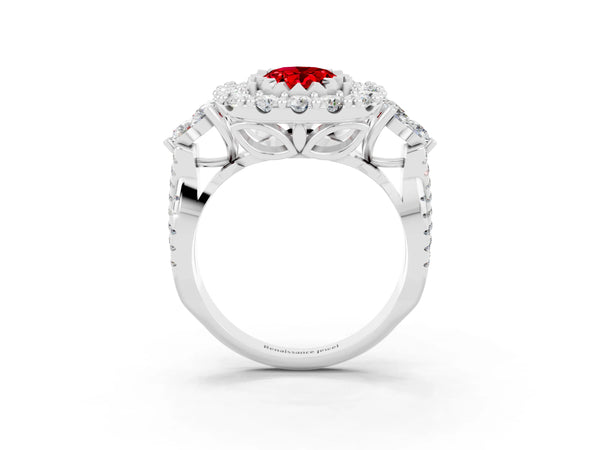White gold Oval Cut Ruby Halo Ring with Pavé Band and Four-Prong Setting