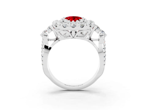 White gold Oval Cut Ruby Halo Ring with Pavé Band and Four-Prong Setting_15