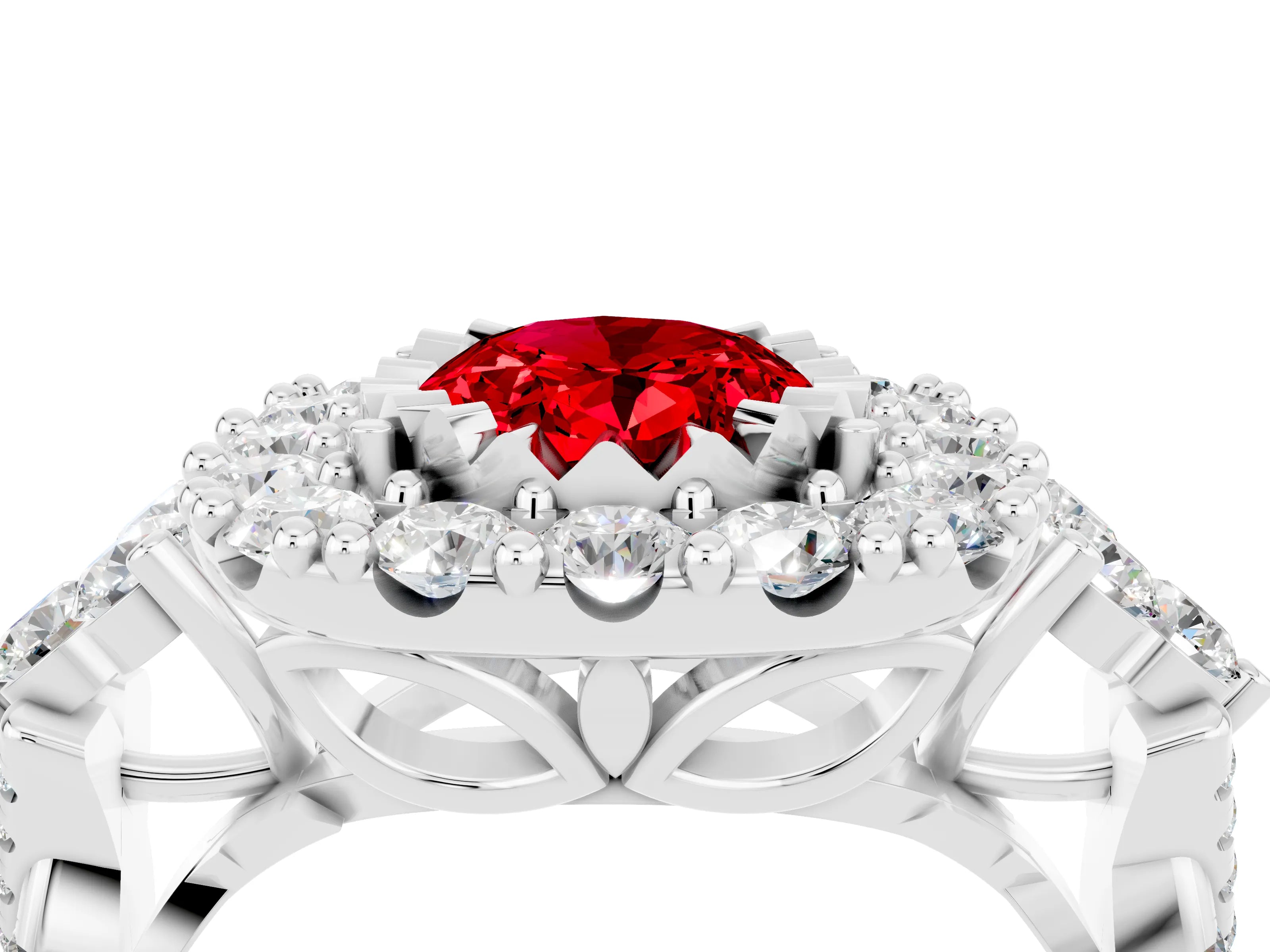 White gold Oval Cut Ruby Halo Ring with Pavé Band and Four-Prong Setting_16