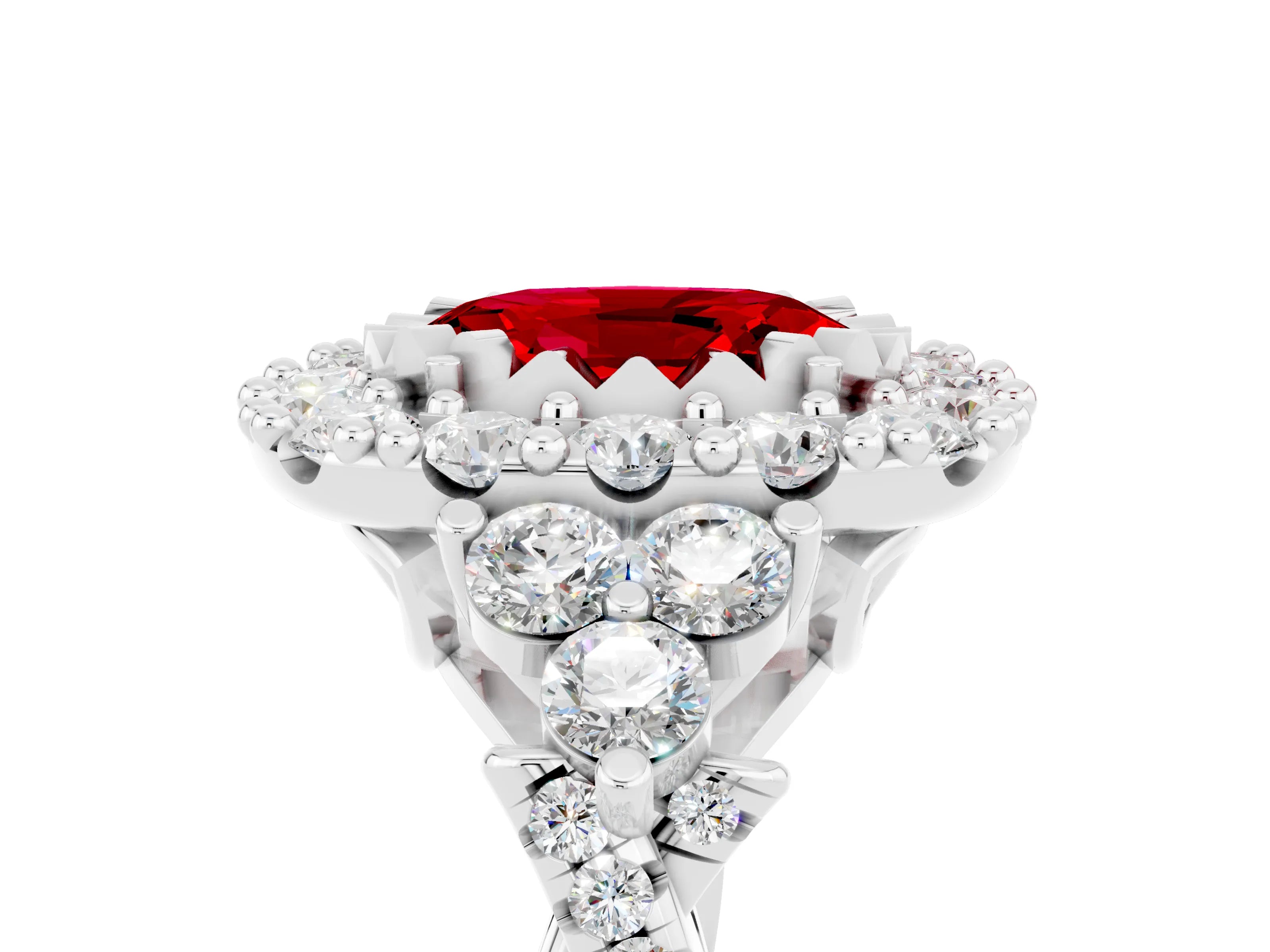 White gold Oval Cut Ruby Halo Ring with Pavé Band and Four-Prong Setting_17