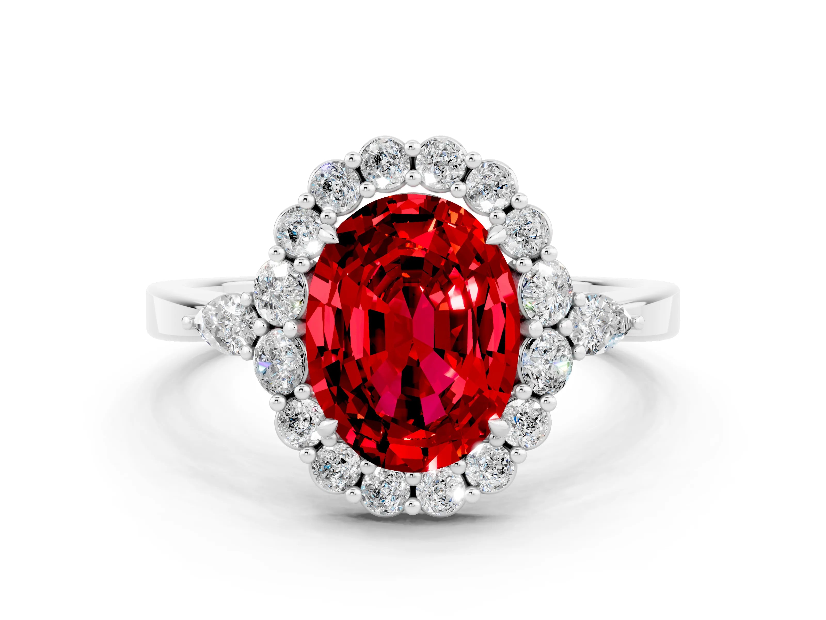 White gold Oval Cut Ruby Halo Ring with Pear Side Stones and Prong Setting_24