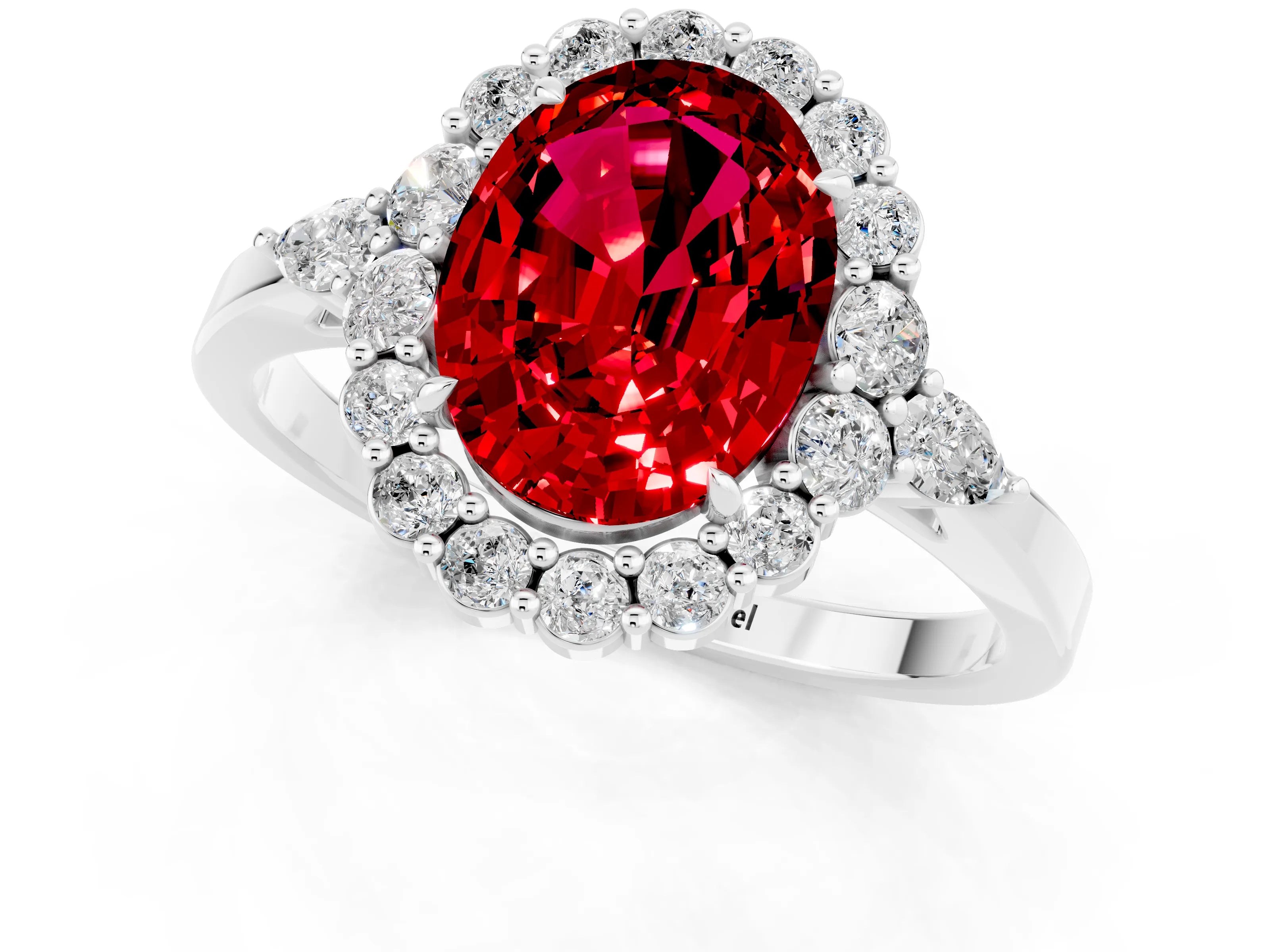 White gold Oval Cut Ruby Halo Ring with Pear Side Stones and Prong Setting_25