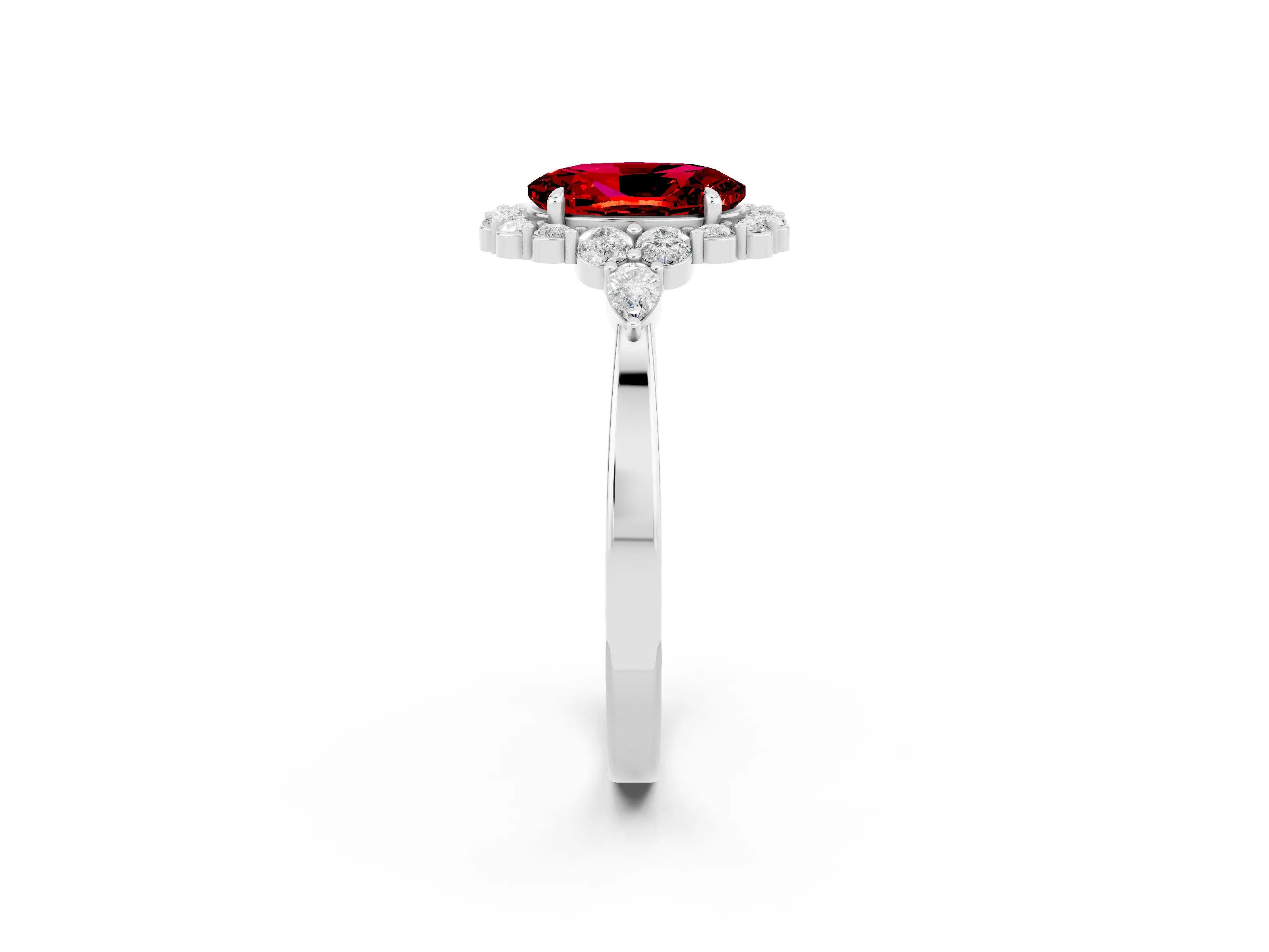 White gold Oval Cut Ruby Halo Ring with Pear Side Stones and Prong Setting_26