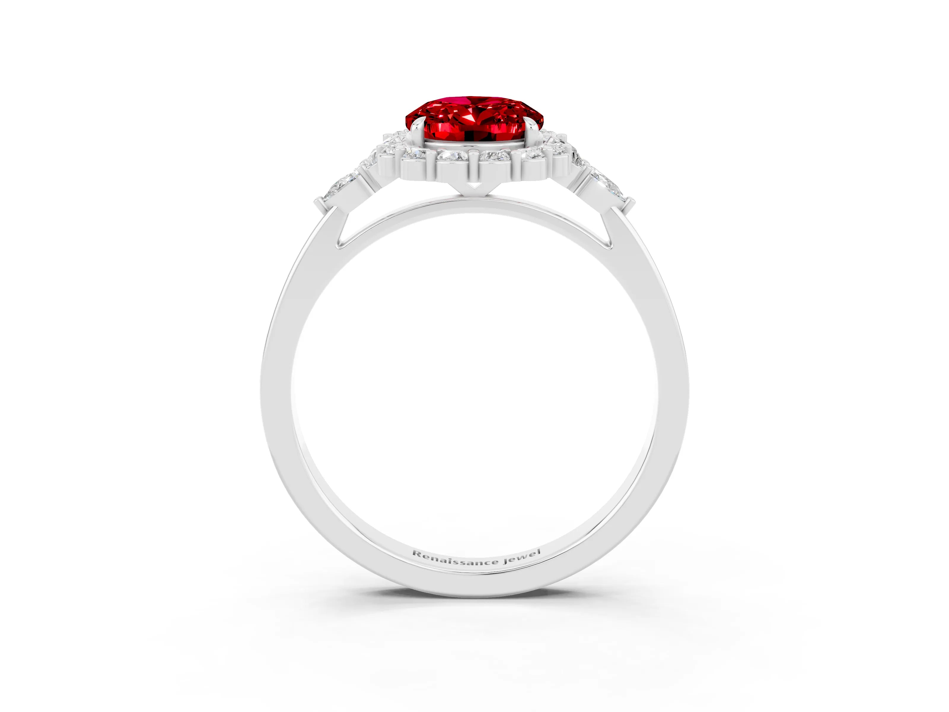 White gold Oval Cut Ruby Halo Ring with Pear Side Stones and Prong Setting_27