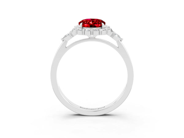 White gold Oval Cut Ruby Halo Ring with Pear Side Stones and Prong Setting