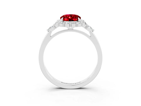 White gold Oval Cut Ruby Halo Ring with Pear Side Stones and Prong Setting_27