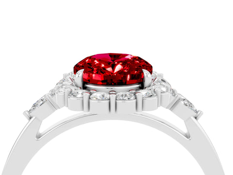 White gold Oval Cut Ruby Halo Ring with Pear Side Stones and Prong Setting_28