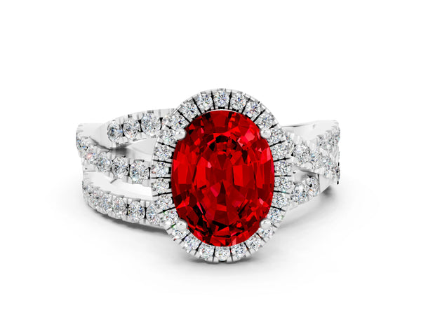 Platinum Oval Cut Ruby Halo Ring with Round Split Shank and Prong Setting