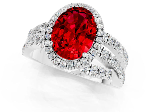 Platinum Oval Cut Ruby Halo Ring with Round Split Shank and Prong Setting