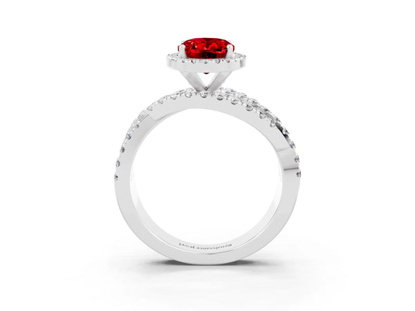 Platinum Oval Cut Ruby Halo Ring with Round Split Shank and Prong Setting