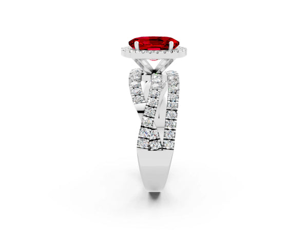Silver Oval Cut Ruby Halo Ring with Round Split Shank and Prong Setting