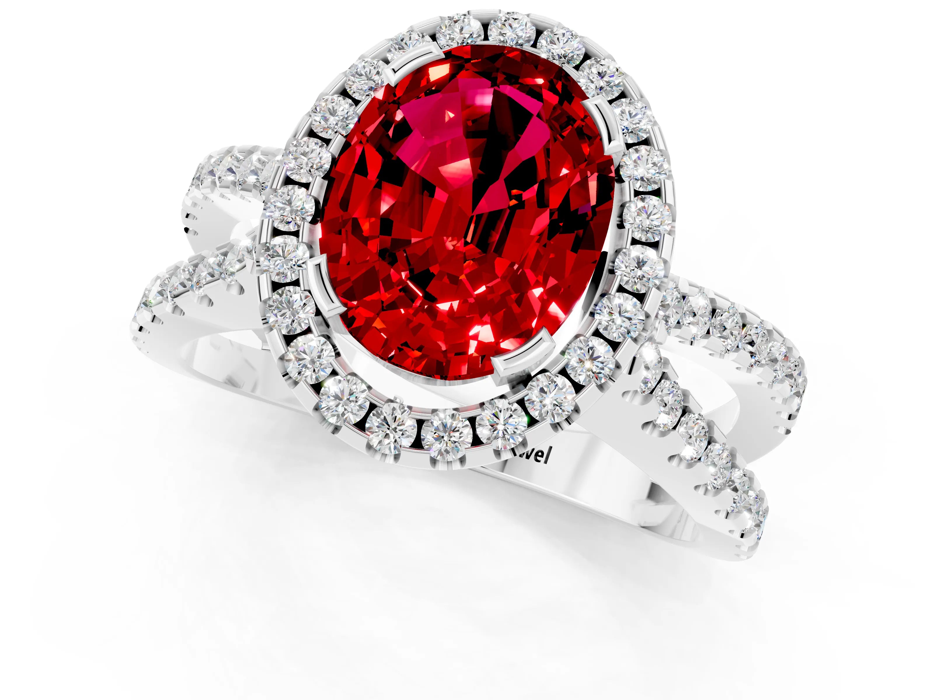 White gold Oval Cut Ruby Halo Ring with Split Shank Pavé Band and Prong Setting_1