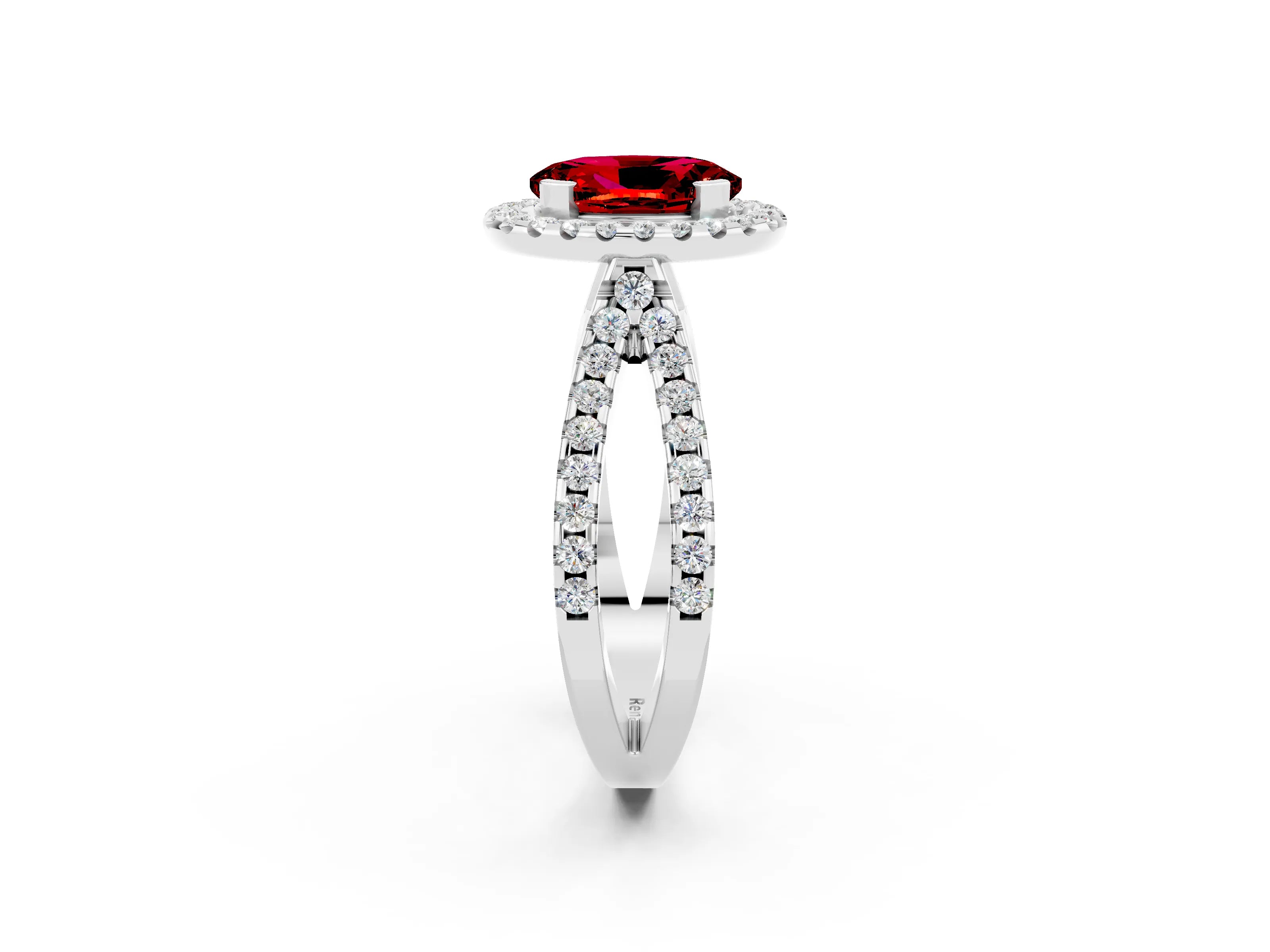 White gold Oval Cut Ruby Halo Ring with Split Shank Pavé Band and Prong Setting_2