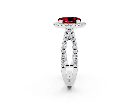 White gold Oval Cut Ruby Halo Ring with Split Shank Pavé Band and Prong Setting_2