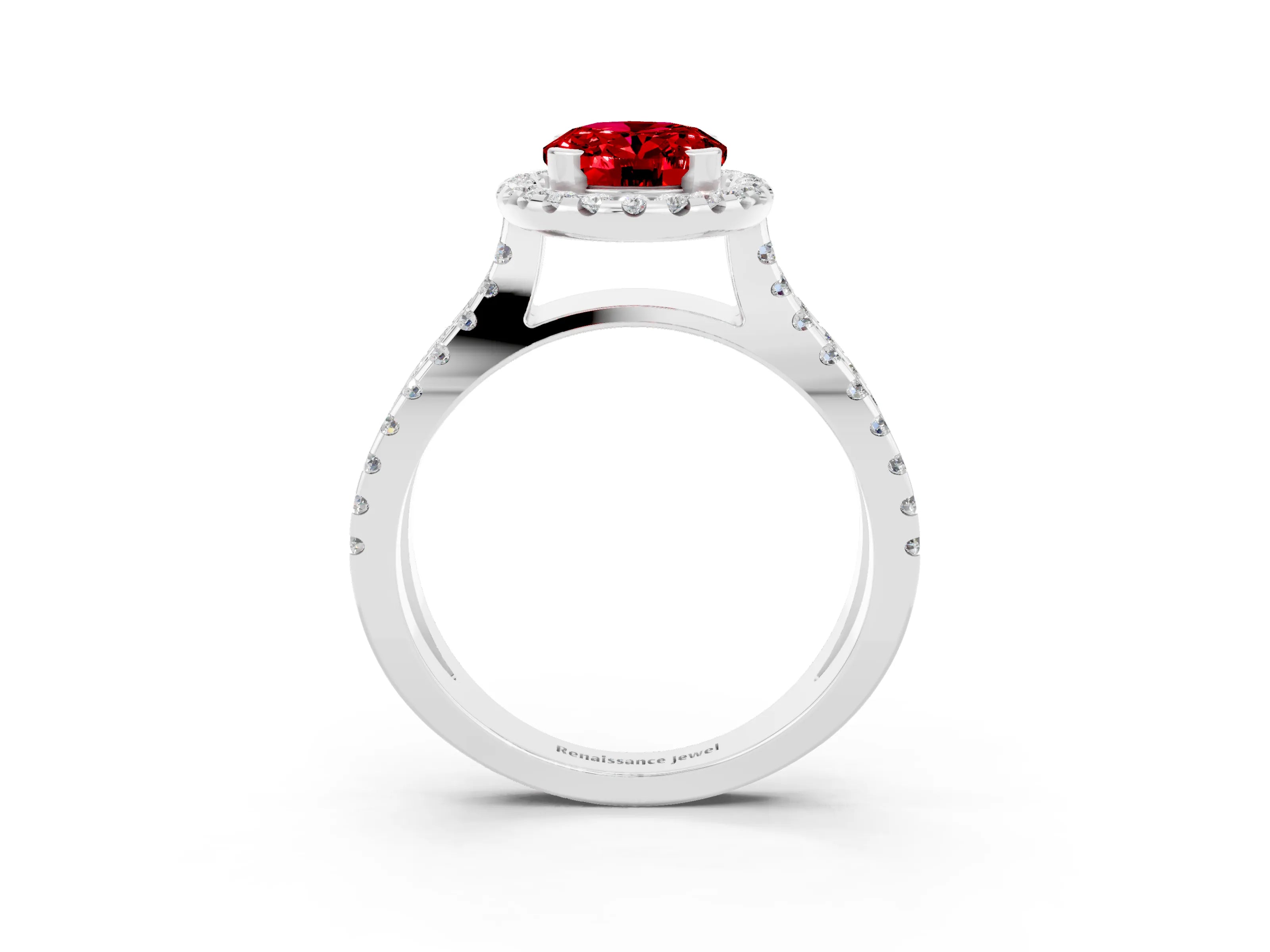 White gold Oval Cut Ruby Halo Ring with Split Shank Pavé Band and Prong Setting_3