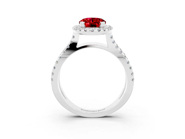 Platinum Oval Cut Ruby Halo Ring with Split Shank Pavé Band and Prong Setting